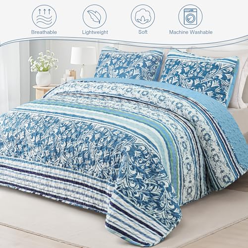 Exclusivo Mezcla Reversible Boho Quilt Set King Size, 3 Pieces Bohemian Striped Blue All Season Bedspreads, Ultra Soft Floral Coverlet Bedding Set with Printed Pattern (1 Quilt, 2 Pillow Shams)