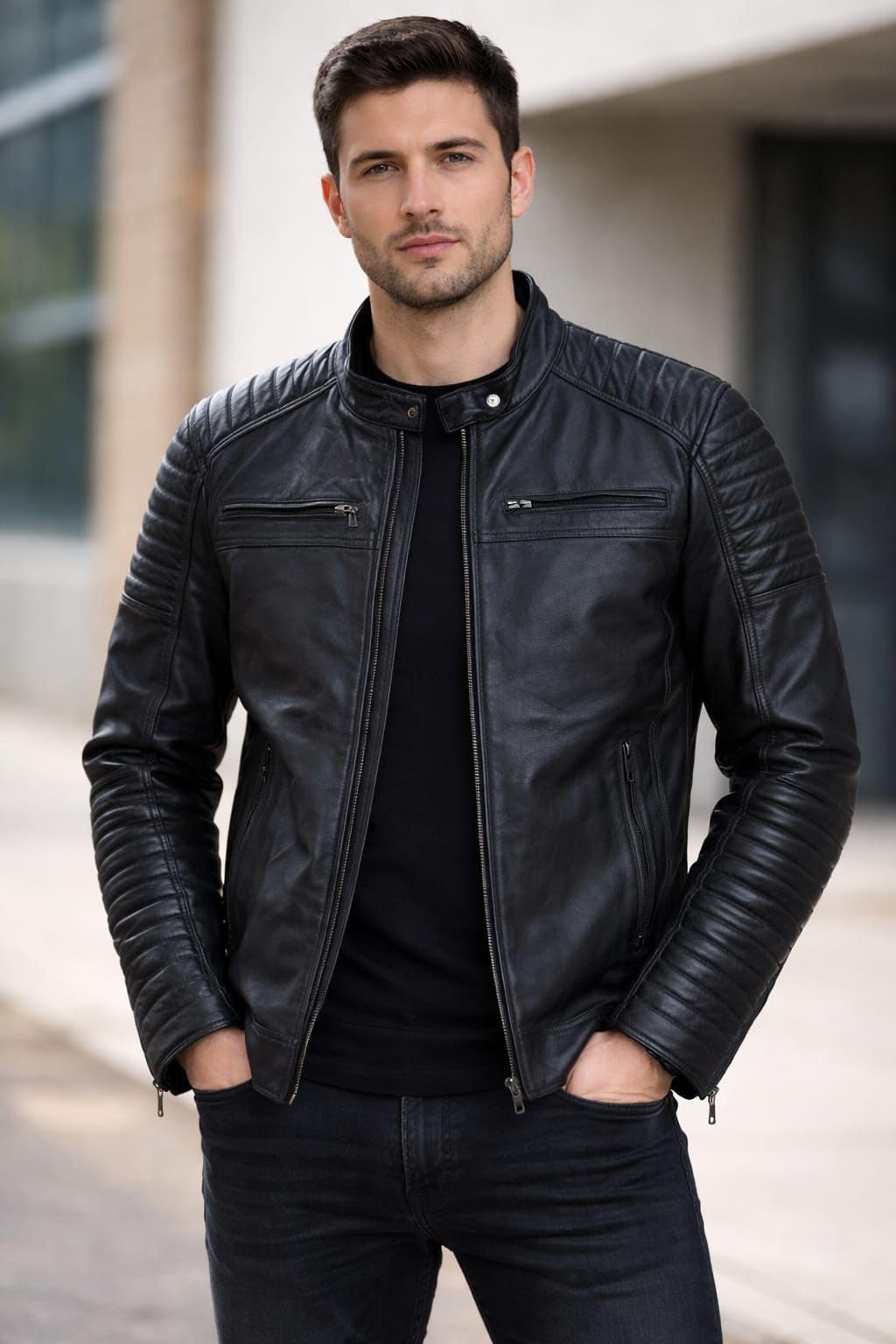 FAPA Herren Lederjacke Echtleder – Bikerjacke mit Stehkragen, Motorrad- & Freizeitjacke für Männer, Übergangsjacke Schwarz Braun Grau