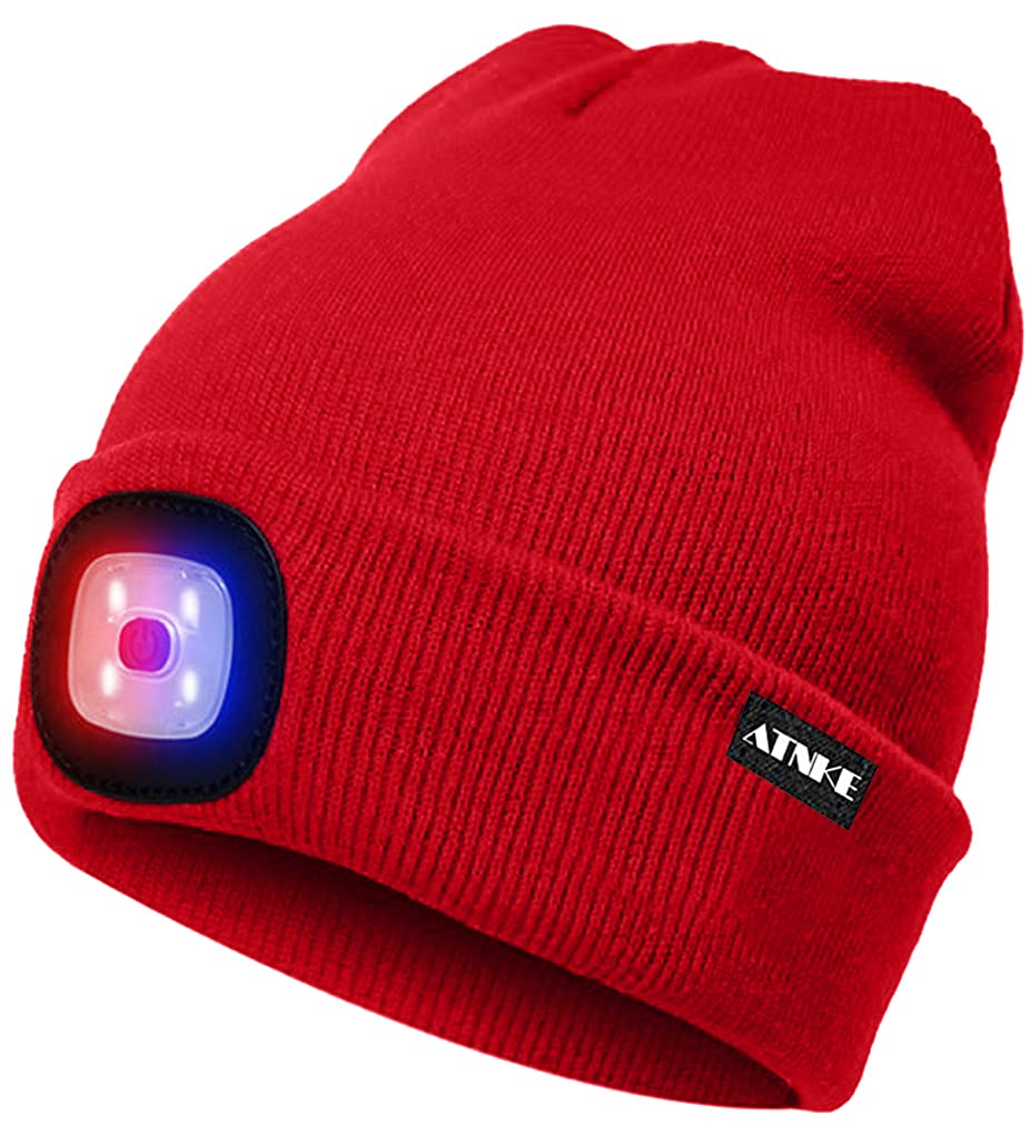 Atnke Men's Red Led Lighted Beanie Cap,Usb Rechargeable 4 Led And Blue Glow Flashing Running Headlamp Hat Winter Warm Gifts For And Wo