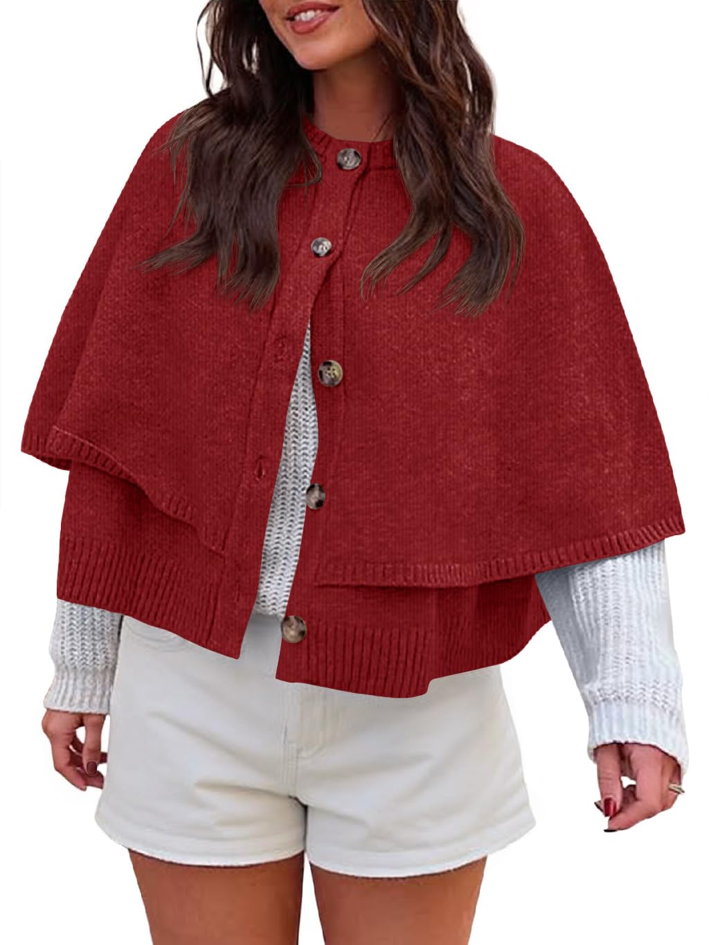 Saodimallsu Womens Cropped Cape Cardigan Button Up Crew Neck Jacket Shawl Fall Trendy Knit Sweater