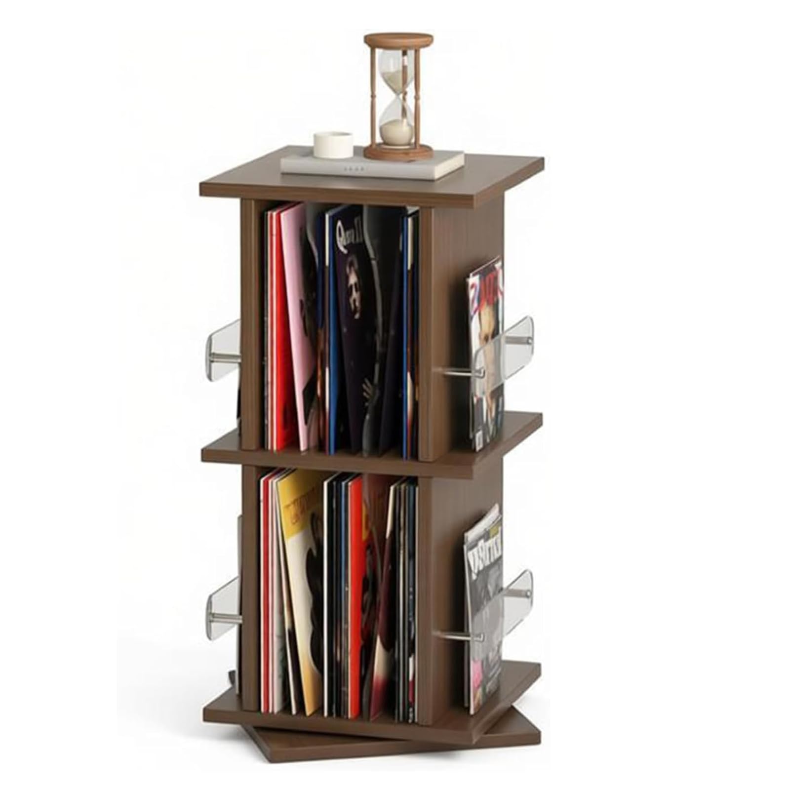 Porta Dischi in Vinile Girevole, Torre Porta CD Girevole a 2 Livelli in Legno, Rotazione Fluida a 360°, Ripiani in Acrilico Regolabili, capacità 25-56 CD, per Libri, Riviste, Dvd