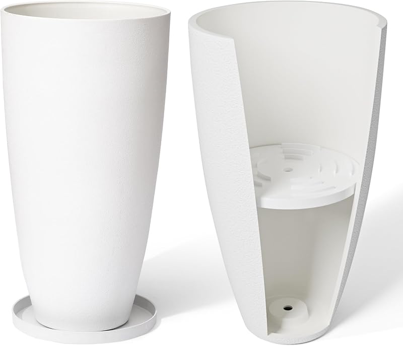 LA JOLIE MUSE Tall Round Outdoor Planters with Shelf Insert, 27 Inch, White | Set of 2, Large Flower Pots with Drainage Holes and Tray, Modern Planter for Front Doors, Balconies, Gardens, Patios, Deck