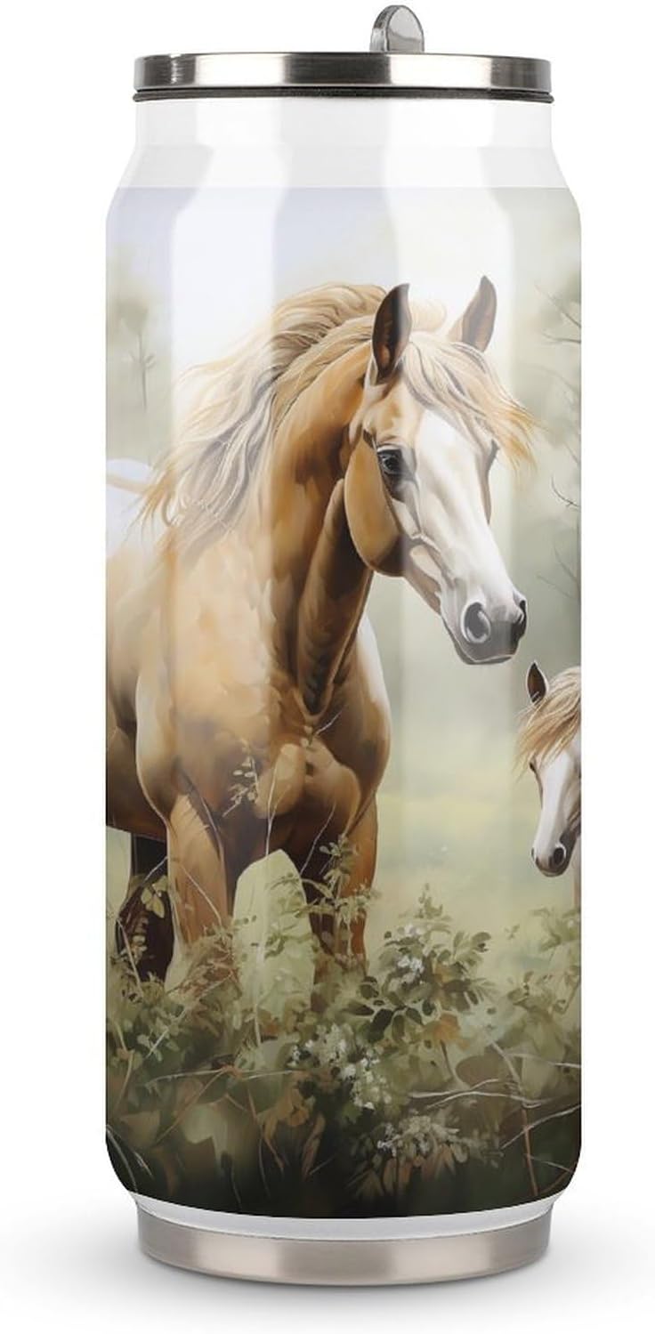 Stainless Steel Cups Animals Embroidery Paintings Horses Printed Coke Cup Stainless Steel Insulated Cups with Lid And Straw