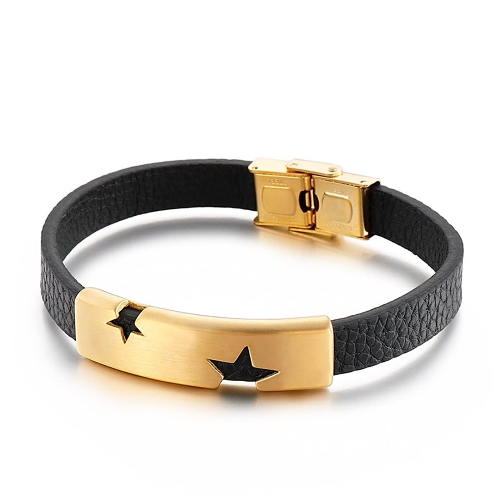 Pulsera de Cadena de Motociclista de Acero Inoxidable para Hombre, Pulsera de Cuero de Motociclista para Hombre Pulsera Negra con Estrella Hueca Pulseras Vintage de 21 cm de Longitud para Hombres