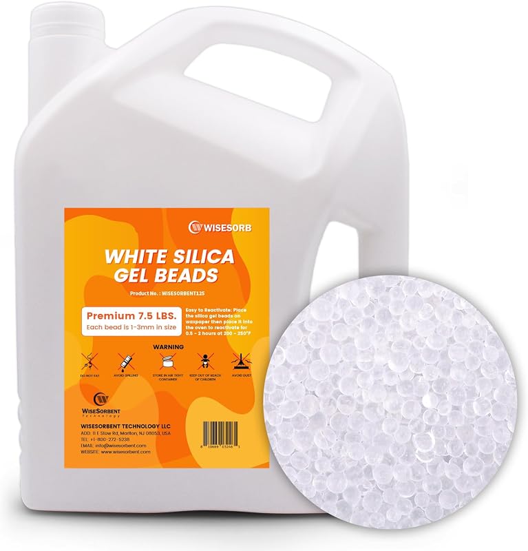 Wisesorb cuentas desecantes de gel de sílice blanco puro de 7,5 libras, cuentas de sílice reutilizables de 1 a 3 mm, absorbente de humedad