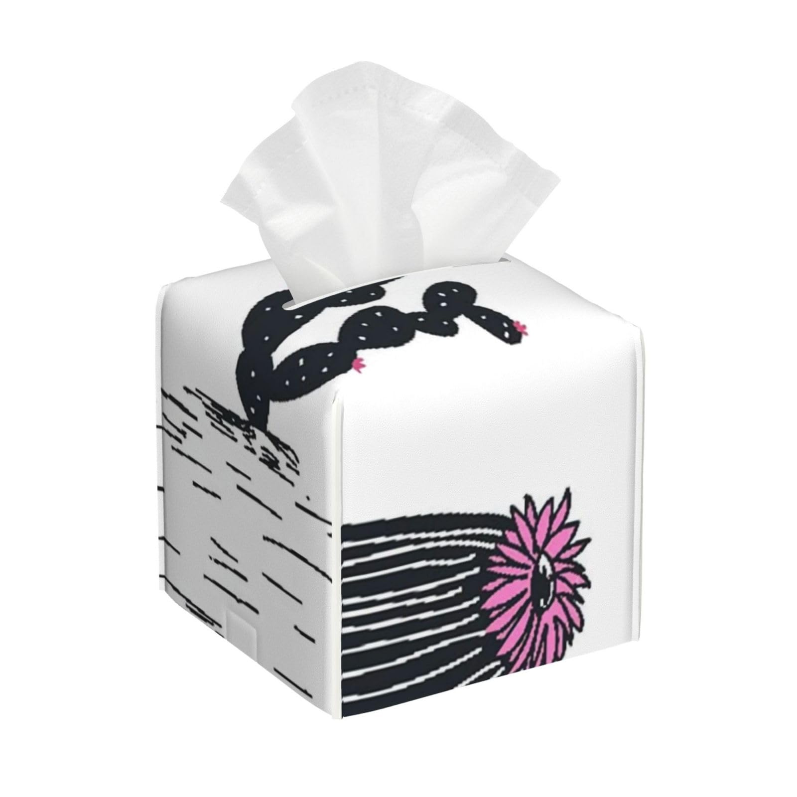 Black and White Cactus Hand Drawn Tropical Plants PVC Cube Tissue Pack for Home Office Bathroom Use