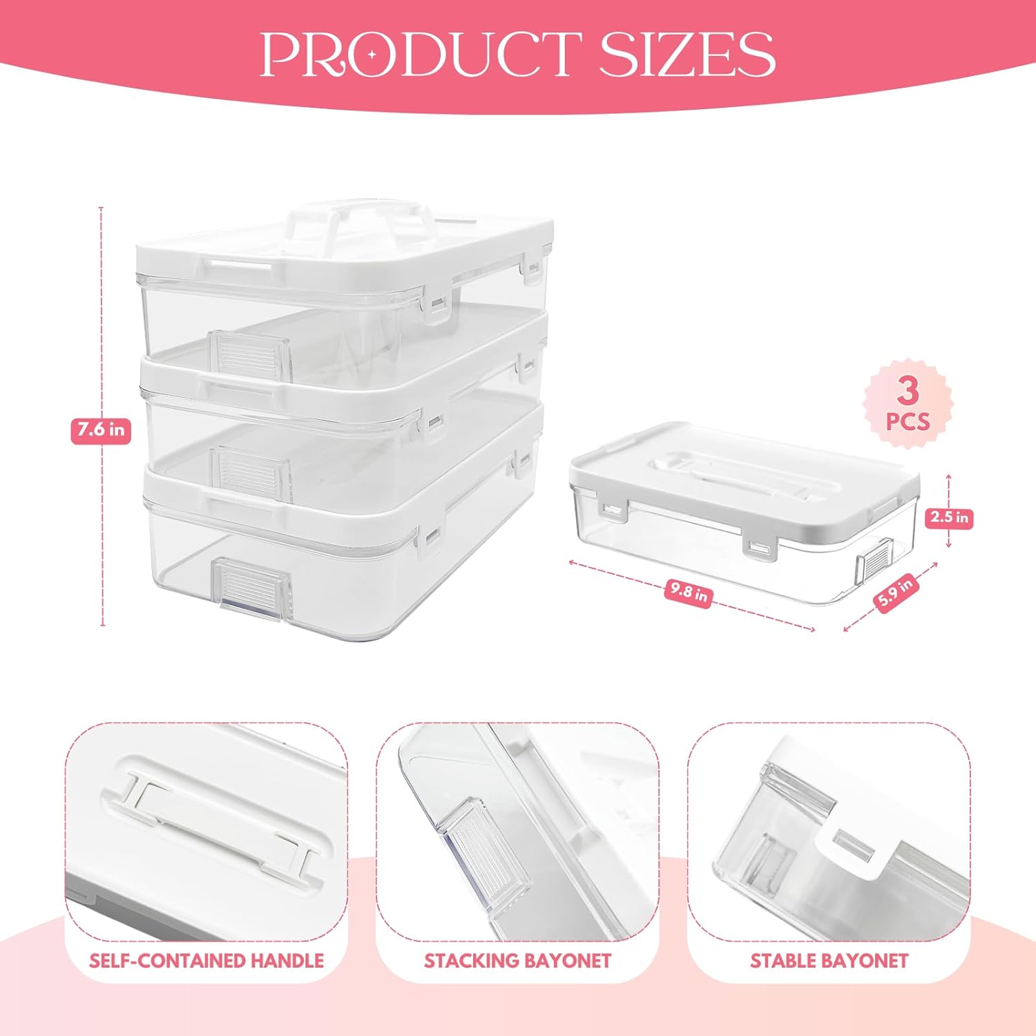 PTSGCAI 3-Pack Modern Acrylic Stackable Office Storage Boxes, Clear Plastic Organizer Holders with Dolphin Handle, 10x6x2.3 inches