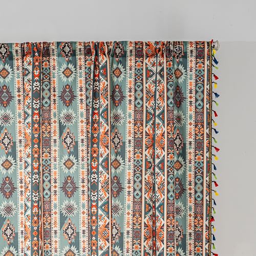 Image of Teal Orange Geometric Curtains 63 Inches Long, Boho Farmhouse Light Filtering Rod Pocket Drapes with Tassel Trim for Bedroom Living Room, 2 Panels