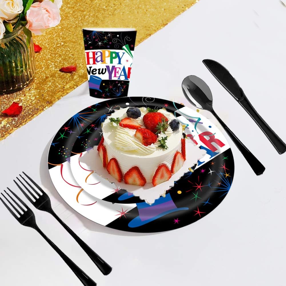 Black Happy New Year Party Supplies Tableware Set - 2025 New Year Party Celebration Dinner Plates and Round Dessert Party Plate Serve for 25 Guest