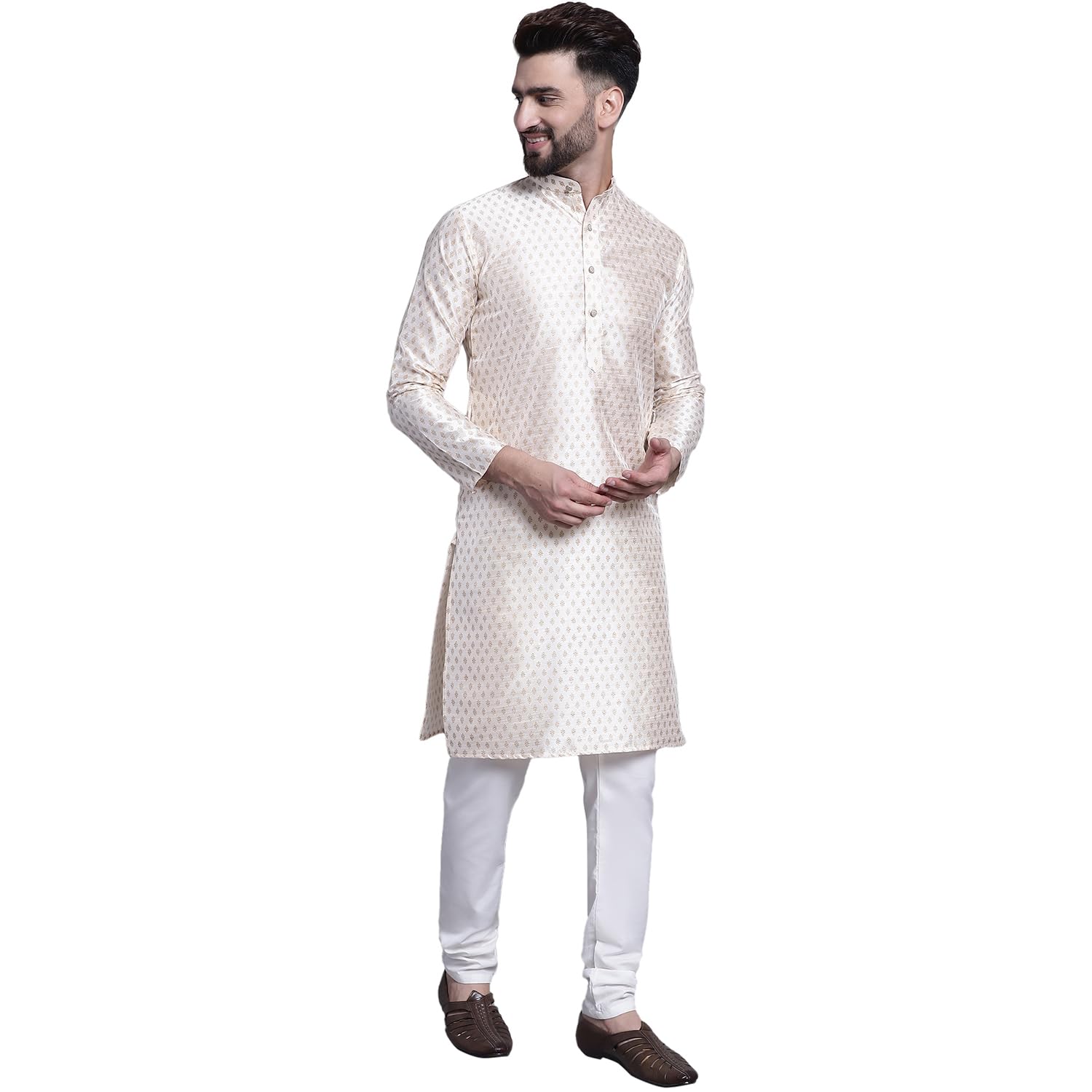Sojanya (Since 1958 Men's Silk Blend Cream Printed Kurta And Off White Pyjama Set