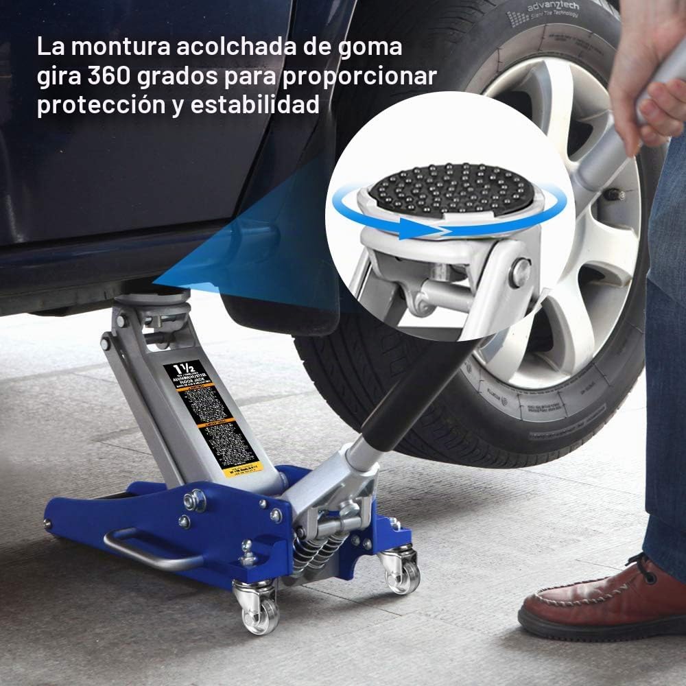 BIG RED T815016L Torin - Gato hidráulico de Piso de Carreras de Aluminio y Acero de Perfil bajo con Bomba de elevación rápida de Doble pistón, Capacidad de 1.5 toneladas (3 Libras), Azul