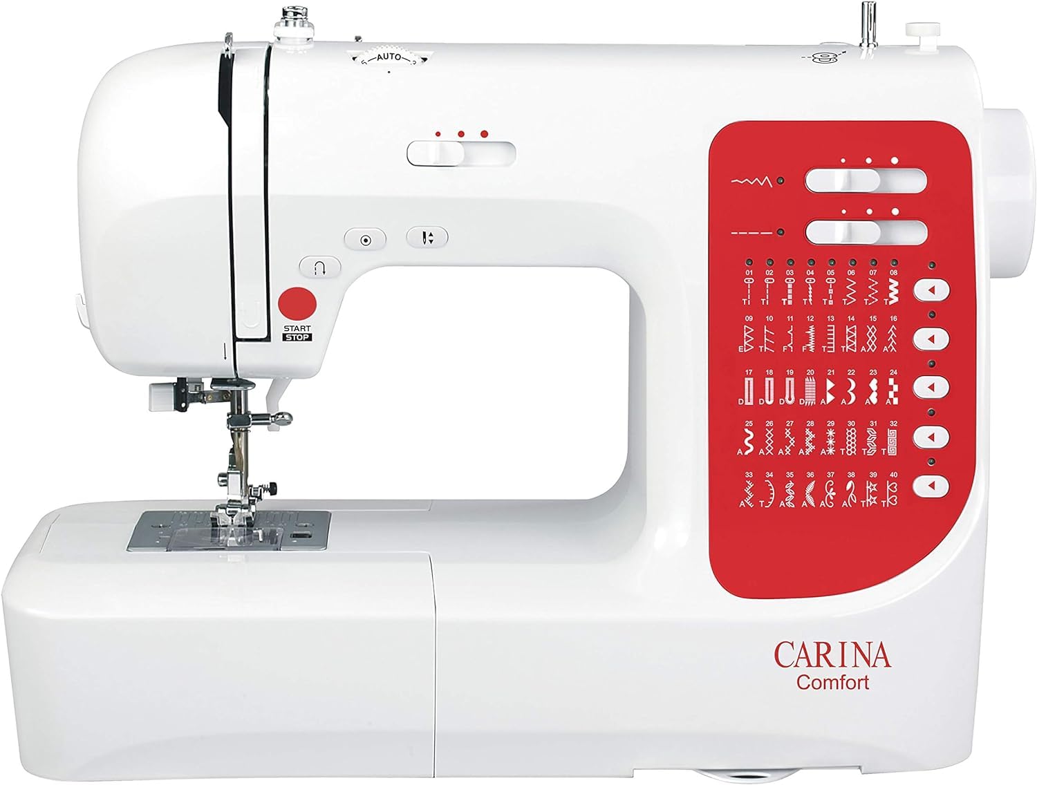 CARINA Nähmaschine Comfort I 40 Stichprogramme I Einfädelhilfe I Auto-Fadenspannung & Fadenabschneider I Einstellbare Stichlänge & Stichbreite I LED-Nählicht I mit Vernähtaste & Nadelstopp (weiß-rot)