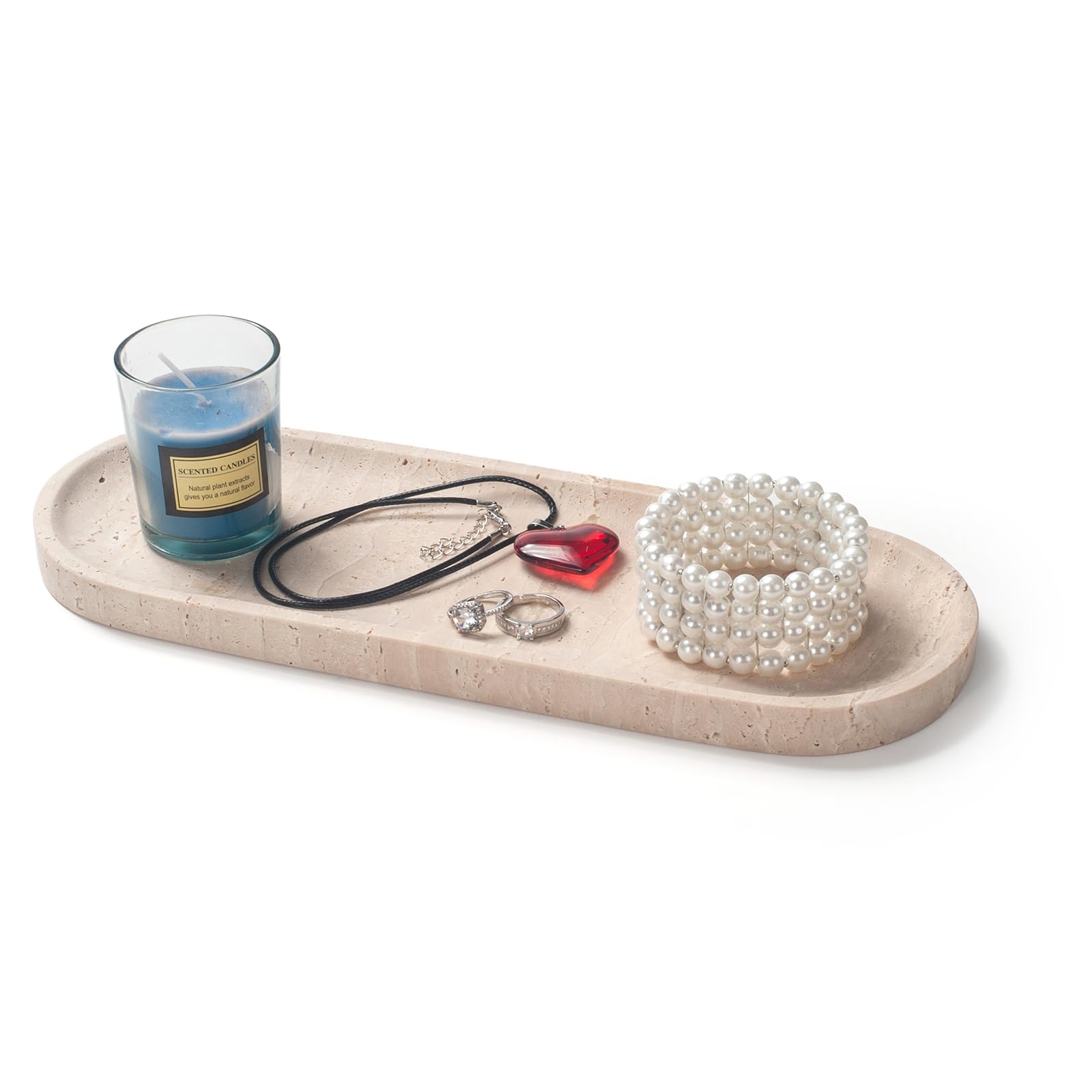 Bandeja ovalada de piedra de travertino para joyas, velas, perfumes, bandeja decorativa de baño de mármol para organizador de encimera, 30 cm x 15 cm x 1,8 cm