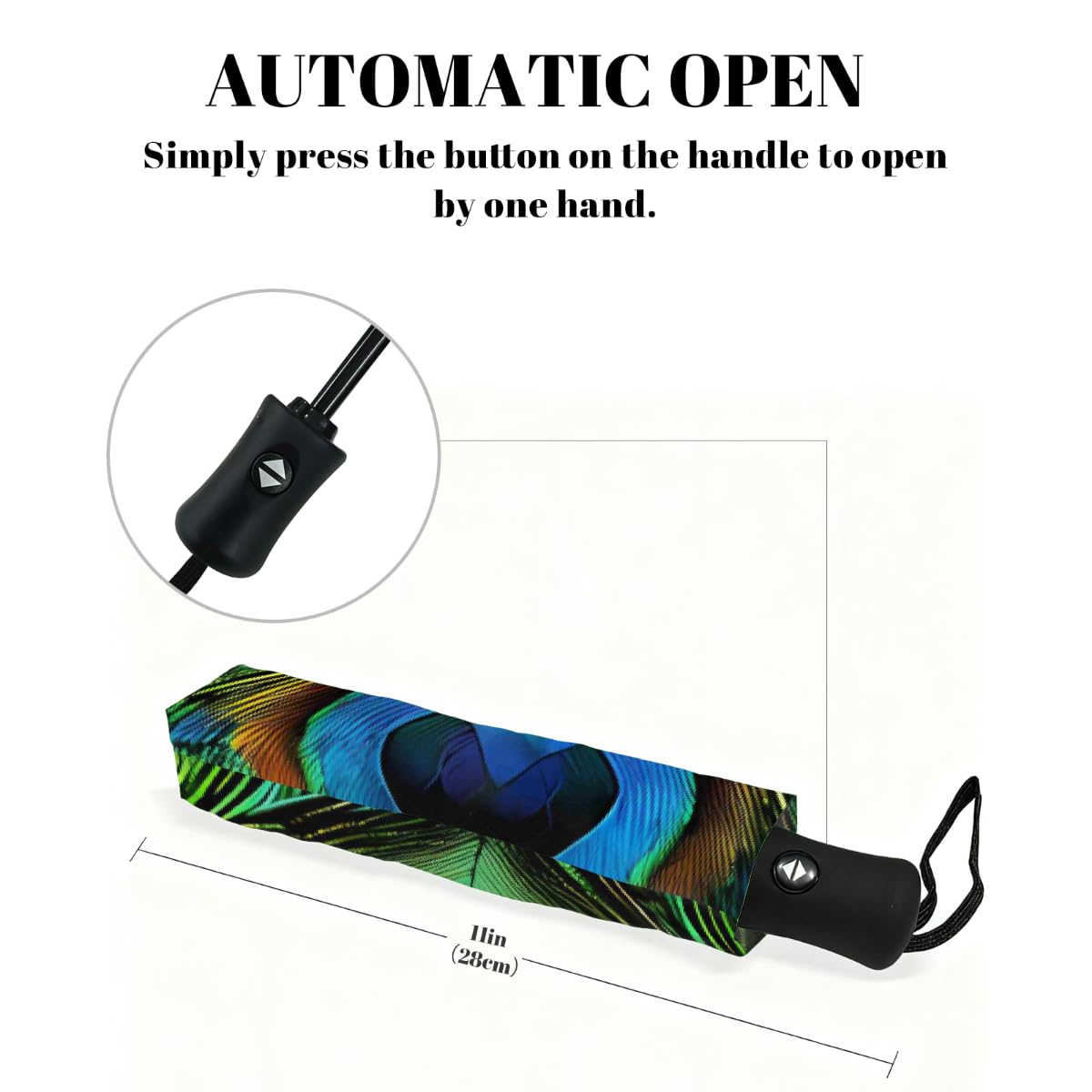 Ombrello pieghevole con motivo astratto con piume di pavone, ombrello da viaggio, compatto, antivento, impermeabile con protezione UV, rivestimento nero, leggero, 8 costole, portatile, per