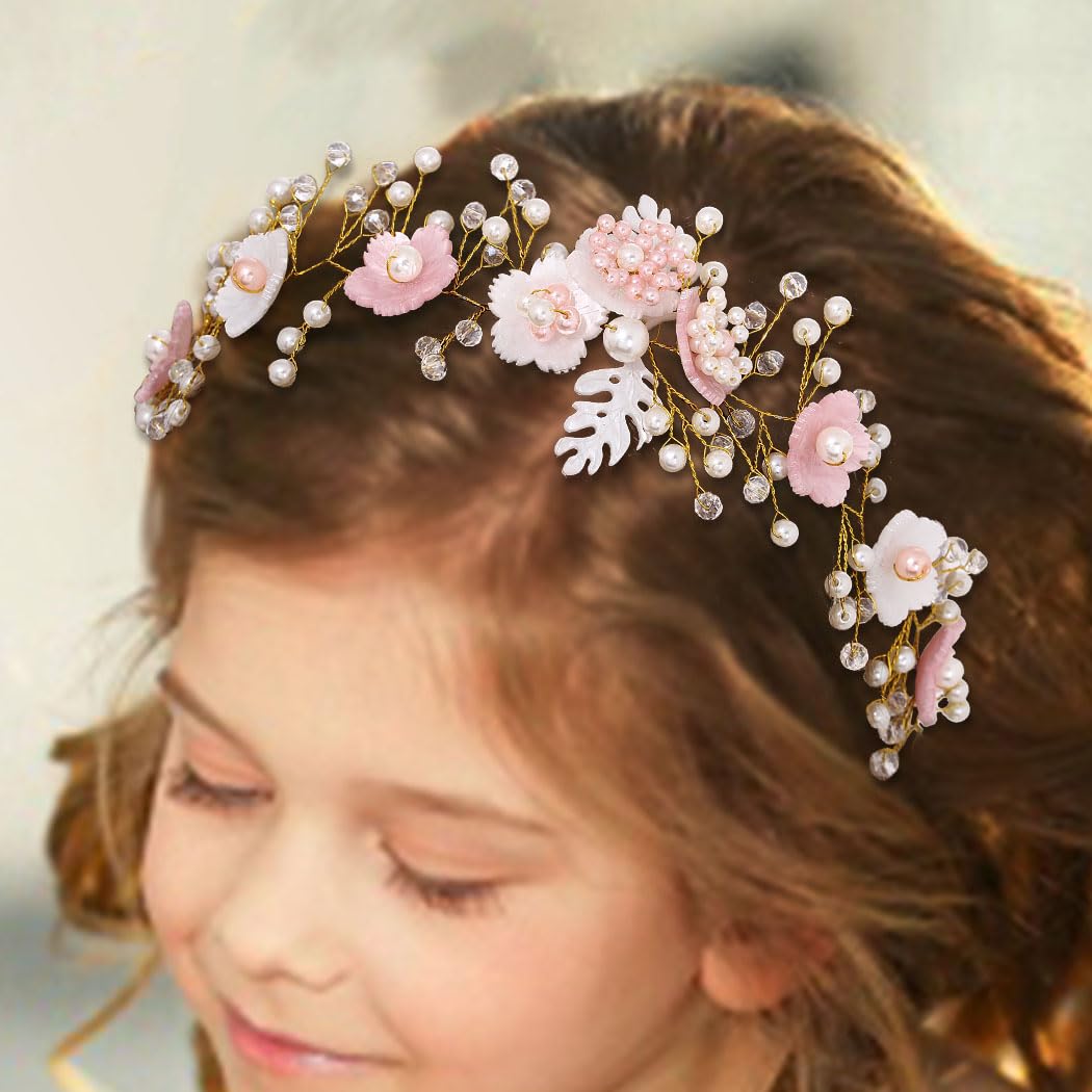 Campsis Flower Girl Headpiece, Wedding Pink Crystal Floral Headbands, Leaf Bridal Hair Accessories for Girls - Image 7