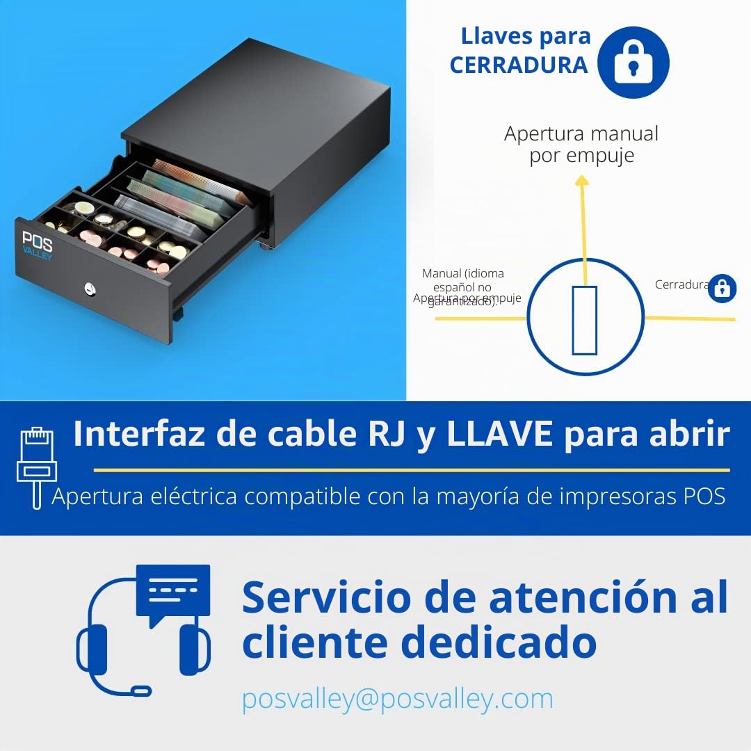 Cajón Mini para Registrador, cajón pequeño para Monedas, Apertura con Impresora RJ y Registrador de Efectivo y Manual, 4 Compartimentos para Billetes y 8 para Monedas, 24 x 32