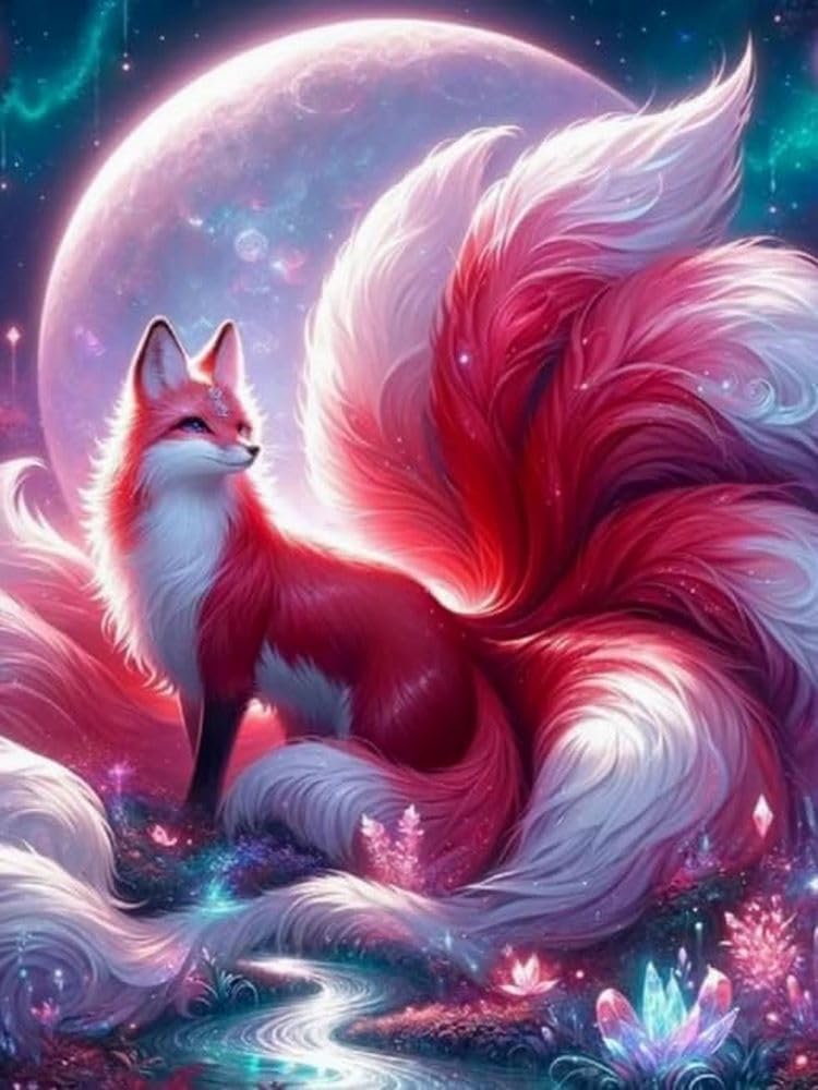 Brennora 5D Diamond Painting Kits Full Drill Round Gem Diy Arts And Crafts Home Wall Decor Gift Nine-Tailed Foxes 40X50cm