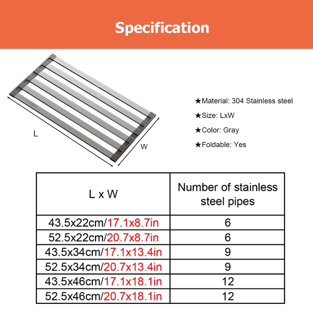 Escurridor de Platos Extensible de Acero Inoxidable 304 de 43,5/52,5 Pulgadas para Colocar sobre el Fregadero, Plegable, Antideslizante y Resistente al Calor.
