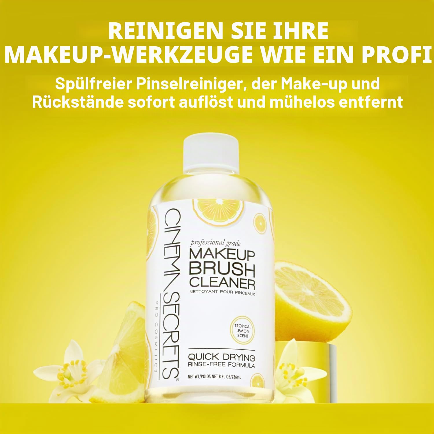 Cinema Secrets Original Make-up-Pinsel-Reinigungslösung, professioneller Reiniger für Make-up-Pinsel, schnell trocknend, spülfreie Formel, entfernt hartnäckiges, wasserfestes Make-up, Zitrone (946.4