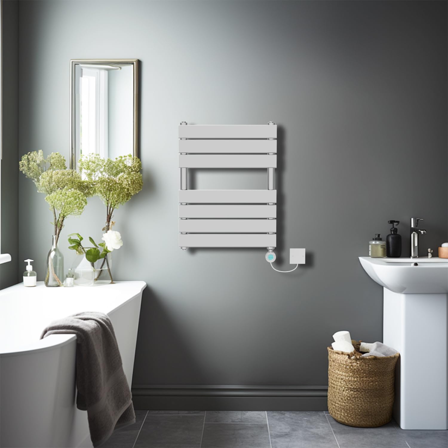 NRG 800×450mm Chrome Flat Panel Towel Rail Radiator with WiFi LCD Element