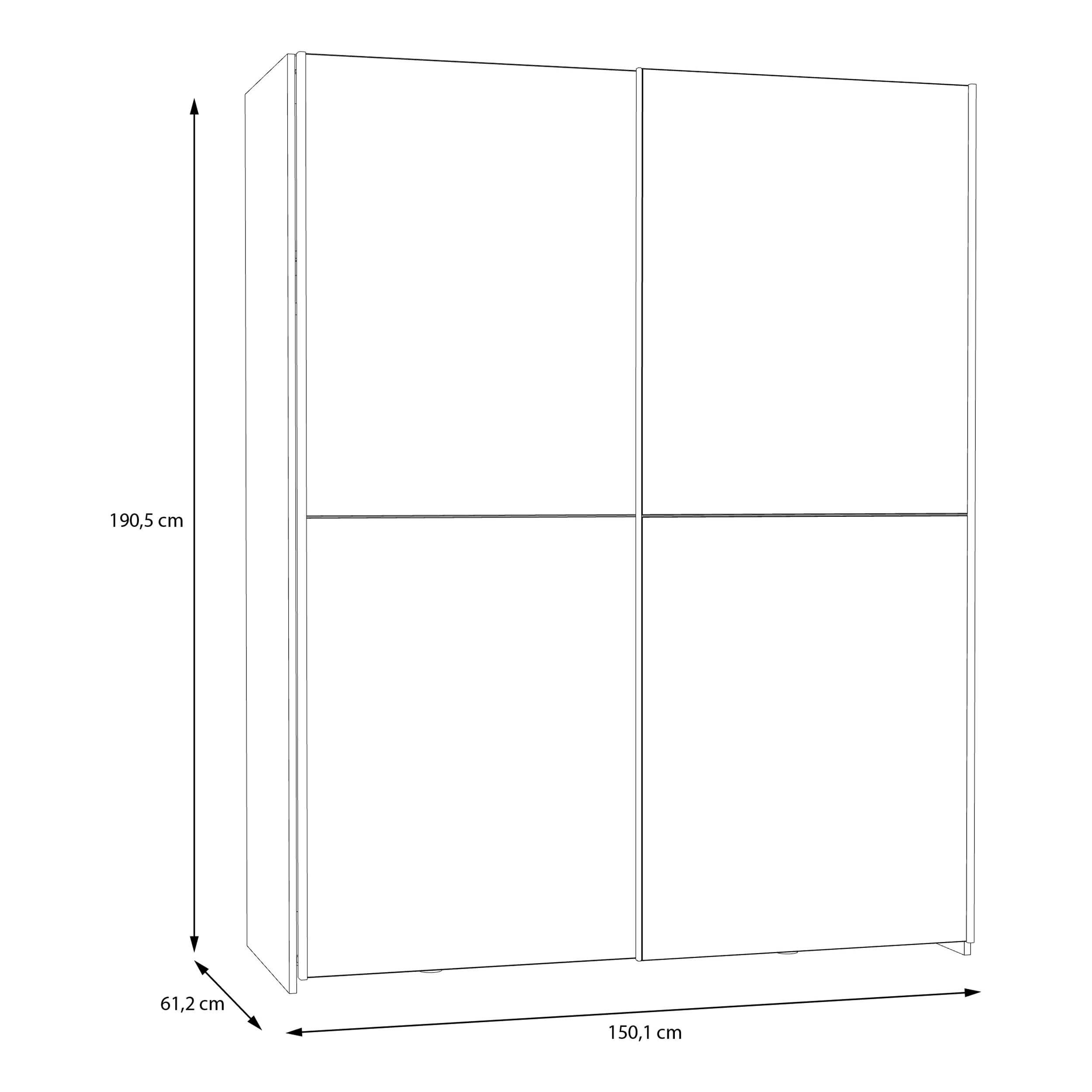 Forte Schach & MATT Kleiderschrank 150, Moderner Spiegelschrank mit Schwebetüren, 2-türig, Holzwerkstoff, Weiß, 150,1 cm breit, 190,5 cm hoch, x 61,2 cm tief