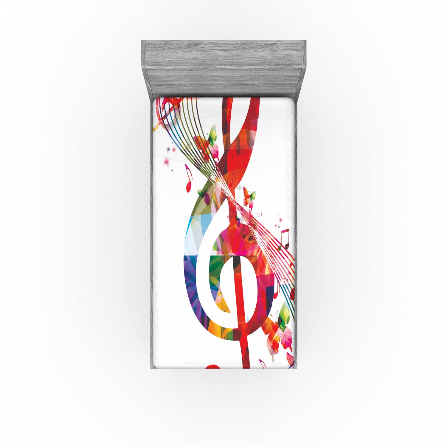 Ambesonne Music 2 Pack Fitted Sheet, Notes Rhythm Art, Bed Cover All-Round Elastic Deep Pockets 2 Pieces, Package Contains 2 Twin Size Fitted Sheets, Ruby White