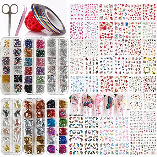 13 Sheets Nail Art Stickers,Nail Art Decoration Kit With 1100+ Pieces Nail Water Decals Crystal Rhinestones 3D Butterfly Nail Art Charms Holographic Glitter Sequins Nail Foil Flakes Nail Striping Tape #TOP28