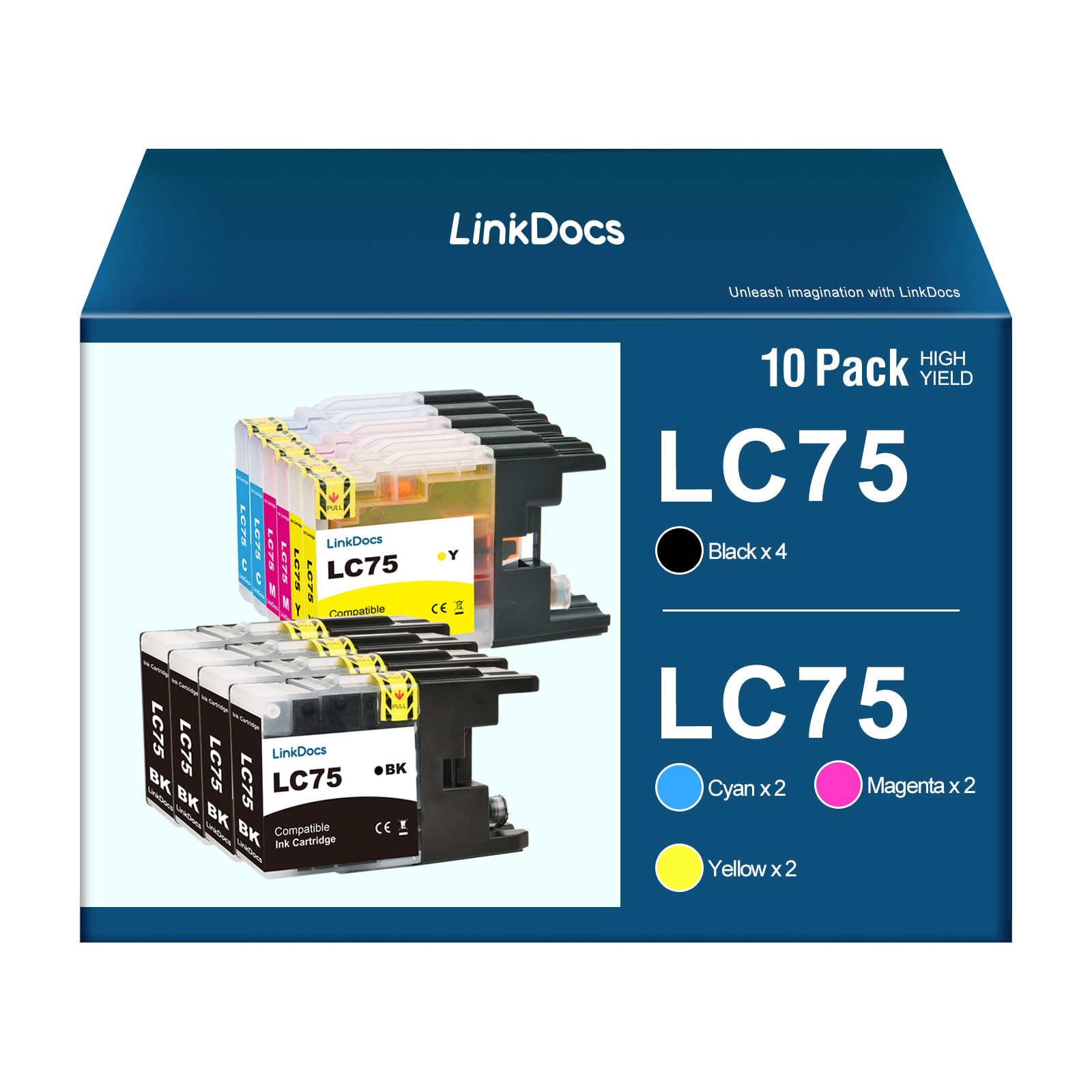 LinkDocs LC75 High Yield Ink Cartridge (10 Pack, 4BK & 2each CMY) Replacement for Brother LC75 LC71 LC79 XL Work for Brother MFC J280W J825DW J430W