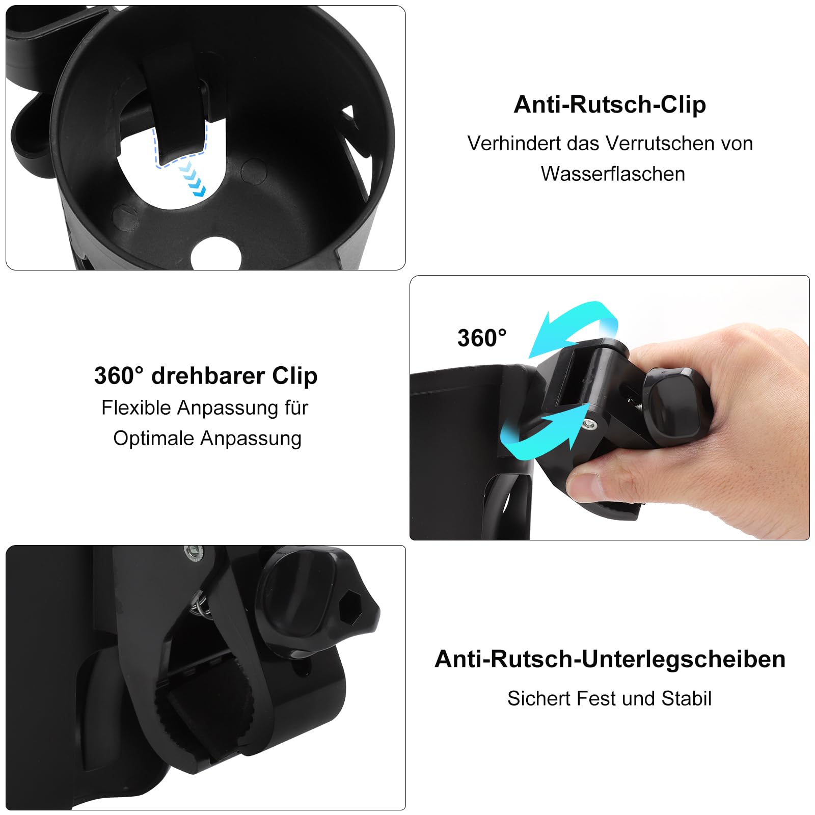 VOSSOT Portavasos Carrito Bebe, 1 Portavasos para Cochecito con 2 Ganchos para Cochecito de Bebé, con Rotación de 360 Grados, Accesorios Carrito Bebe Negro