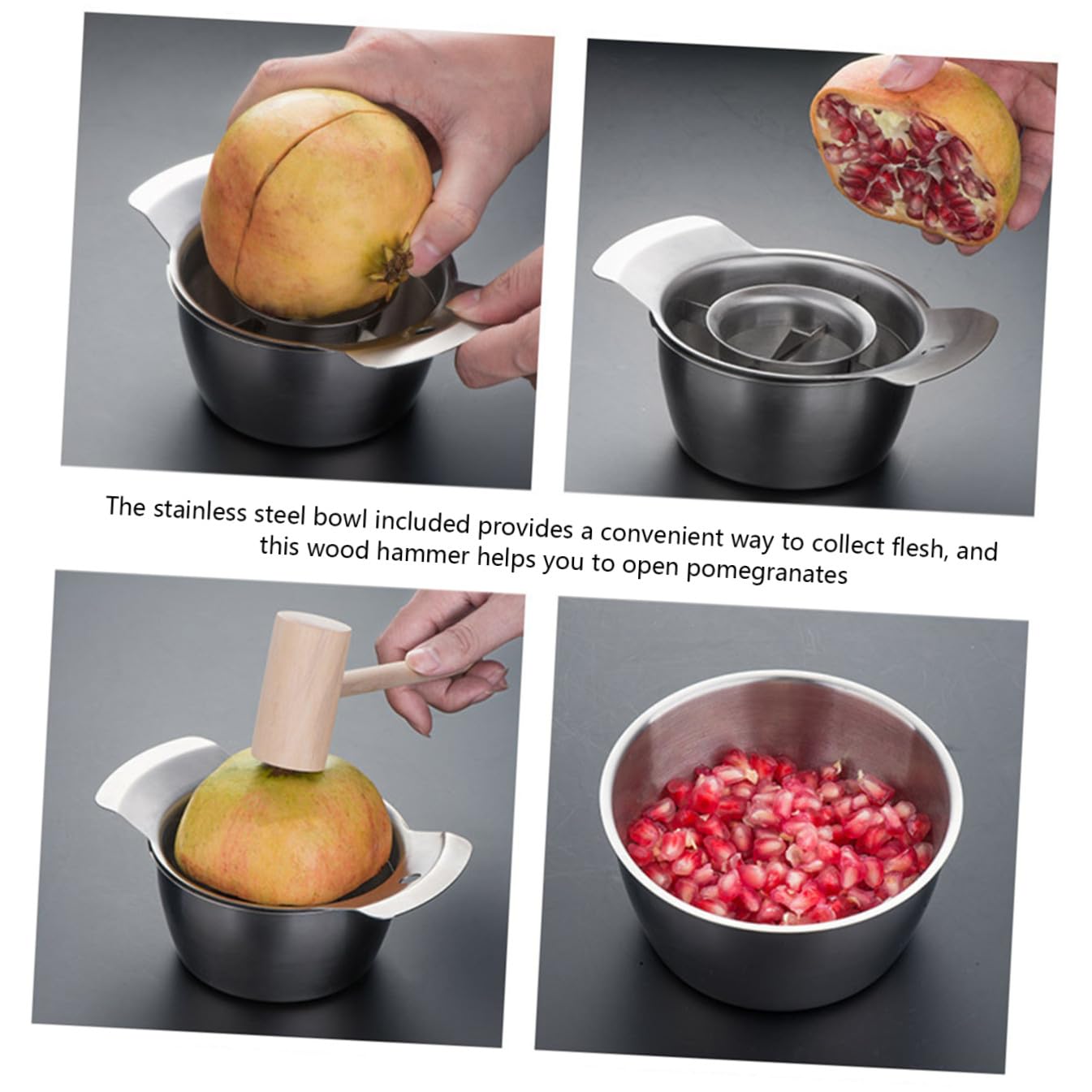Peladora Granadas Acero Inoxidable con Cuenco y Martillo de Madera Utensilios Cocina para Desgranadora Granada Herramienta para Pelar Frutas Fácil Limpiar