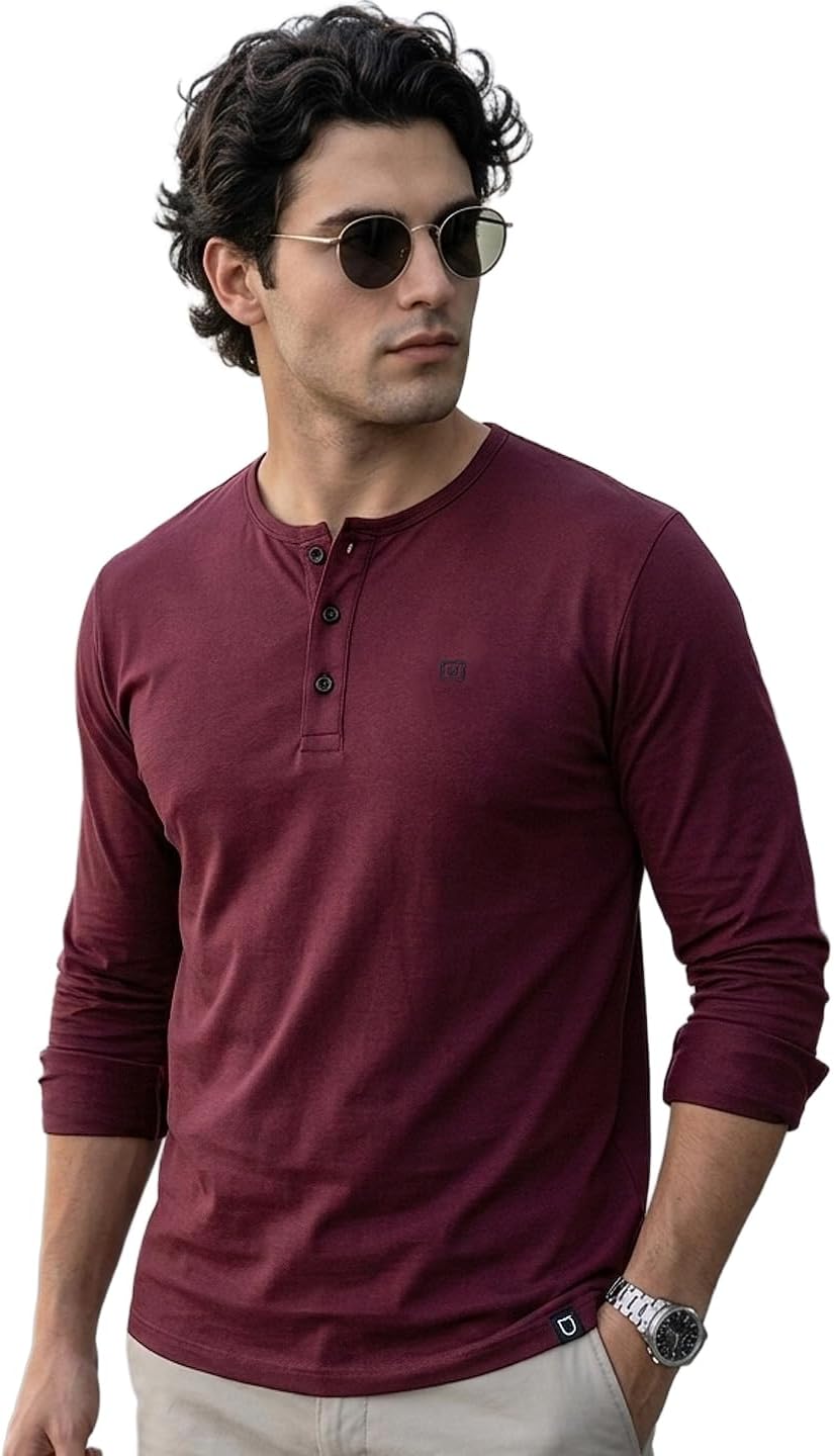 Men's Solid Henley Neck Slim Fit Full Sleeve Cotton T-Shirt
