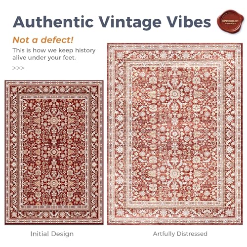 OPPODREAM Vintage Red Area Rugs 9x12, 9 x 12 Retro Washable Rug Non Slip, Low-Pile Faux Wool Carpet, Distressed Floor Mat for Living Room, Bedroom, Office, Dorm, Dinning Room, Big & Large by OPPODREAM - Image 3