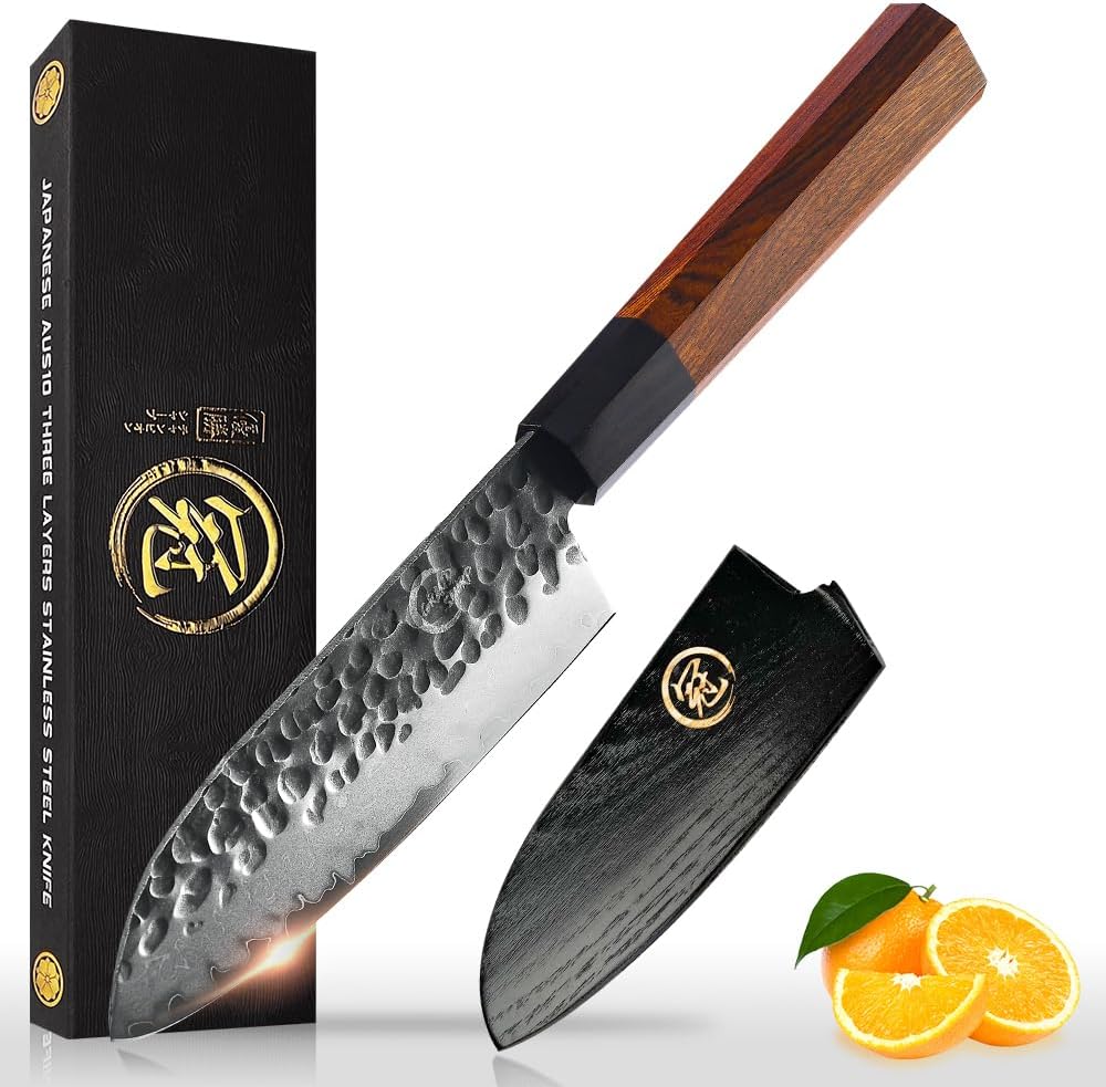 GRAND SHARP 5 inch Japanese Santoku Chef Knife, AUS10 3-layer High Carbon Stainless Steel Kitchen Cooking Knife, Professional Hand Forged Chef's Knives (Rosewood Handle & Gift Box& Sheath)