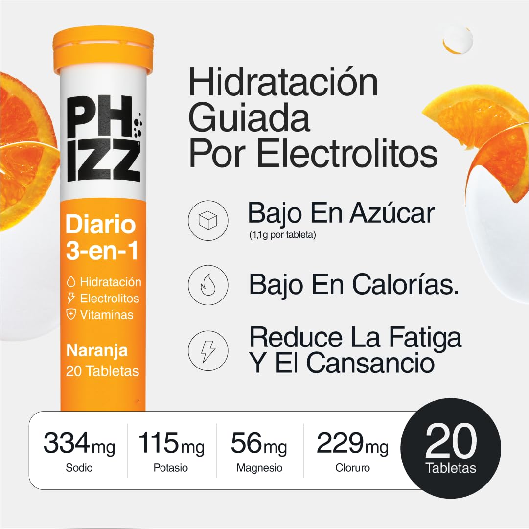 Phizz Electrolitos, Multivitaminas e Hidratación Efervescente 20 Comprimidos - 18 Vitaminas y Minerales, Vitamina C, Vegetariano y Bajo en Calorías (Naranja, 20 Pastilla)