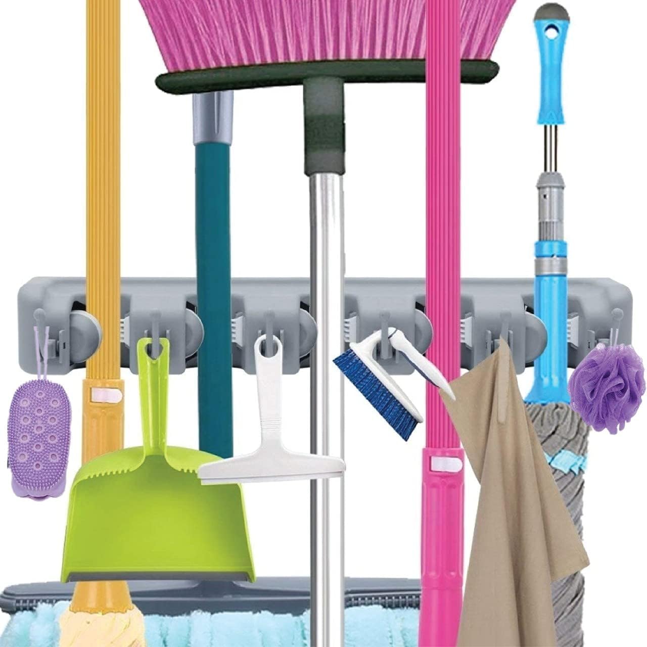 Mop and Broom tool Holder wall mounted broom organizer wall mount cabint hanger for kitchen garage garden and bathroom Mop Holder Broom Storage Hanger Mop Holder Wall Mount with 6 Hooks and 5 Slots