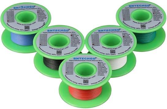 BNTECHGO 28 Gauge Silicone Wire Kit Red Black White Blue and Green Each 50ft 28 AWG Stranded Tinned Copper Wire
