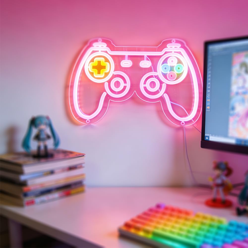 Gamepad Neon Sign, Pink led neon lights with USB and Dimmer switch for girl room decor,Gaming neon sign for bedroom,wall decor,gamer decor
