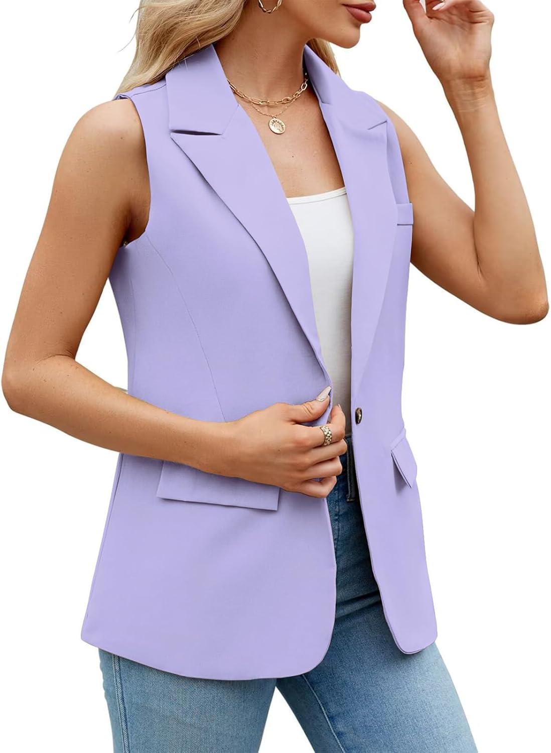 Sleeveless Blazer Vest for Women Winter 2026 Fashion Casual Lightweight Open Front Work Office Blazer Jackets with Pockets - Image 3