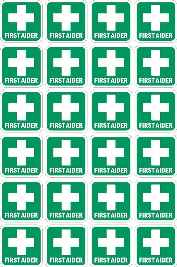 First aider sign, 50x50mm, pack of 24 stickers on A4 sheet