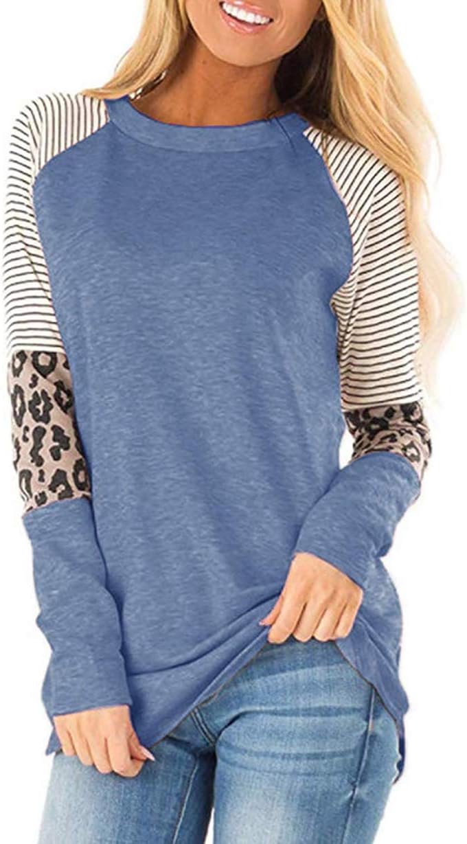 Leopard Print Tops for Women Long Sleeve Crew Neck Patchwork T Shirt Blouse - Image 2