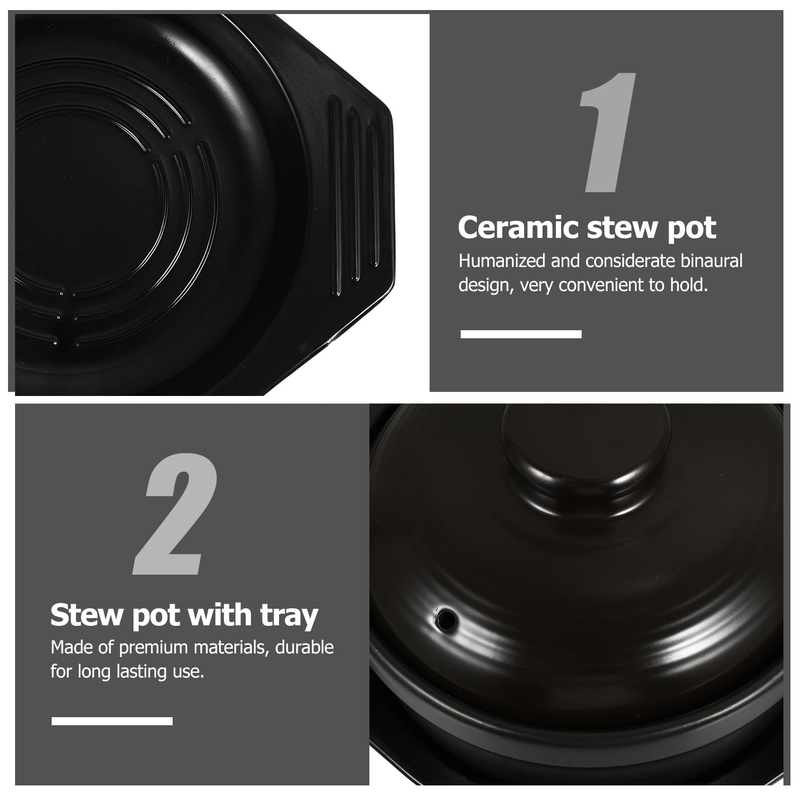 Operitacx Pentola in Ceramica Nera con Vassoio, Riscaldamento Concentrato a Energia, Superficie Smaltata Liscia, per Zuppa e Stufato, Set