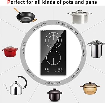 Karinear 2 Burner Electric Cooktop 12 Inch, Drop-in Radiant Cooktop | Child Safety Lock, Timer, Residual Heat Indicator, 3200W Heats up Quickly, Hard Wire 220-240v Electric Stove Top, No Plug