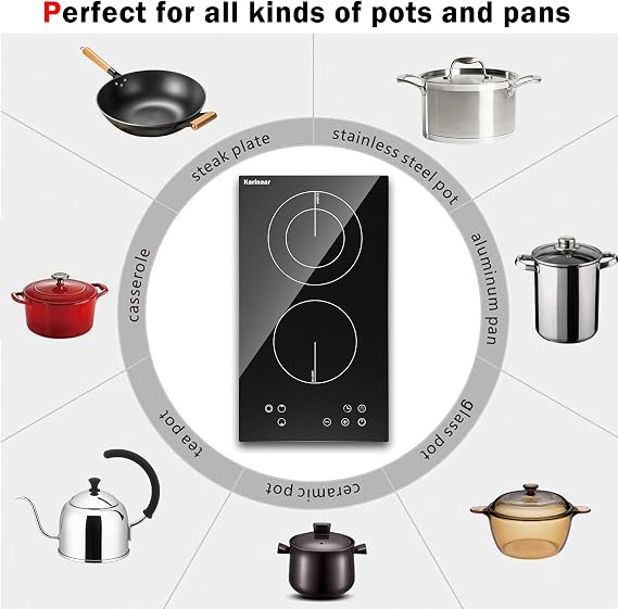 Karinear 2 Burner Electric Cooktop 12 Inch, Drop-in Radiant Cooktop | Child Safety Lock, Timer, Residual Heat Indicator, 3200W Heats up Quickly, Hard Wire 220-240v Electric Stove Top, No Plug