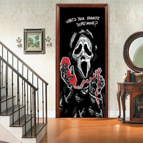Miniatura 4 de Cubierta para puerta de personaje de película aterradora, 6.6 x 3 pies, perfecta para fiestas de Halloween y cumpleaños de terror