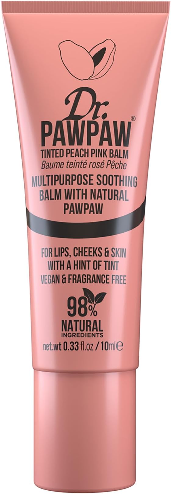 Dr.PAWPAW Tinted Peach Pink Lip Balm 10ml, Natural Multipurpose Balm with Pawpaw Aloe Vera and Olive Oil, Vegan Buildable Colour for Lips Cheeks and Eyes