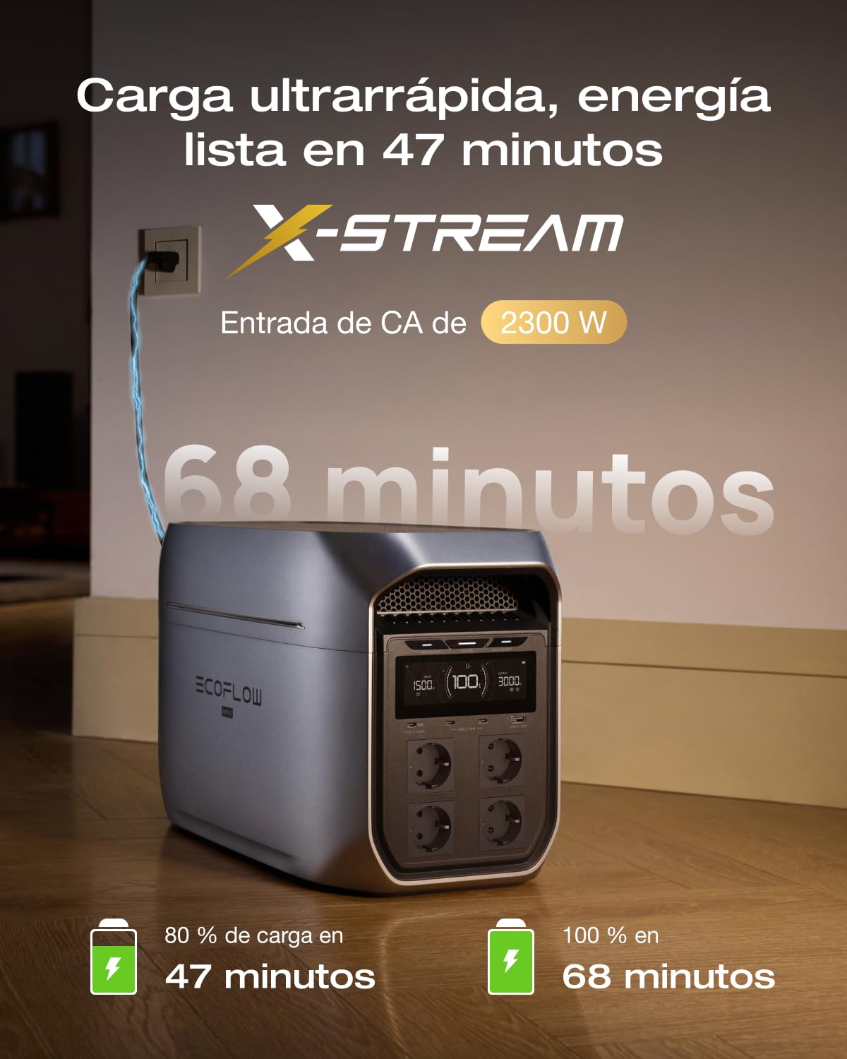 Estación de energía portátil ECOFLOW Delta 3 MAX Plus, 2048 WH, Ampliable a 10 kWh, LiFePO4, Salida CA 3000 W, Carga rápida 0–80% en 47 min, Respaldo SAI de 10 ms, generador Solar para hogar/Camping
