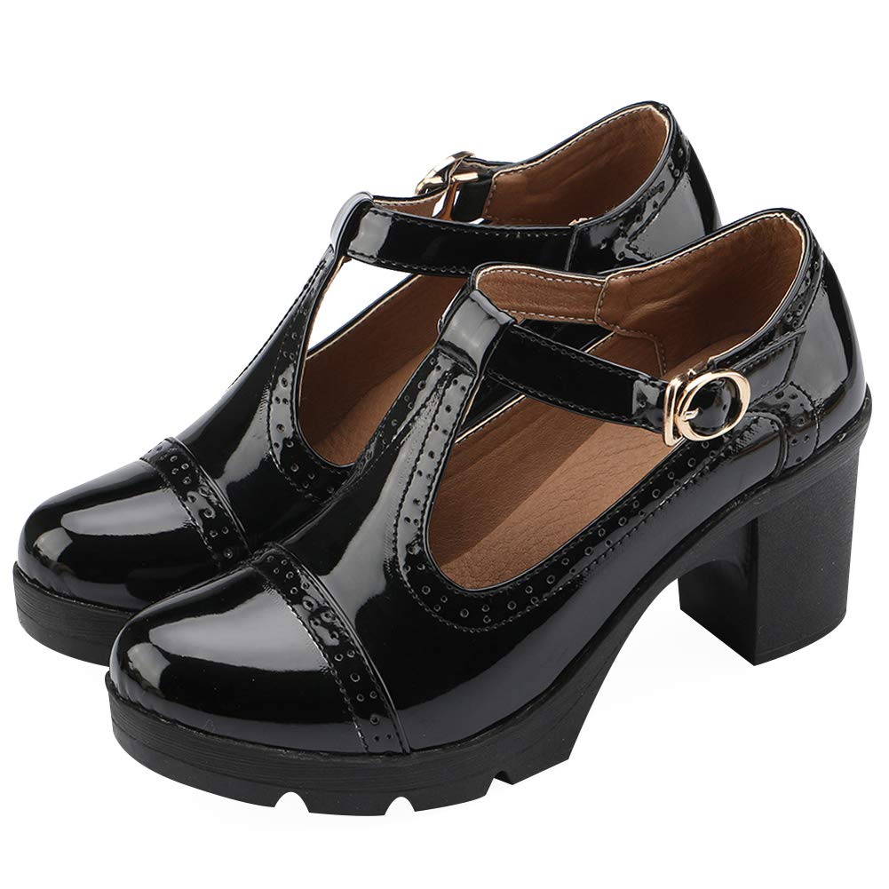 ANUFER Mujer Medio Tacón Grueso Mary Janes Brogue Bombas | Correa en T Ajustable, Cuero Sintético, Uniforme Oficina Zapatos de Vestir