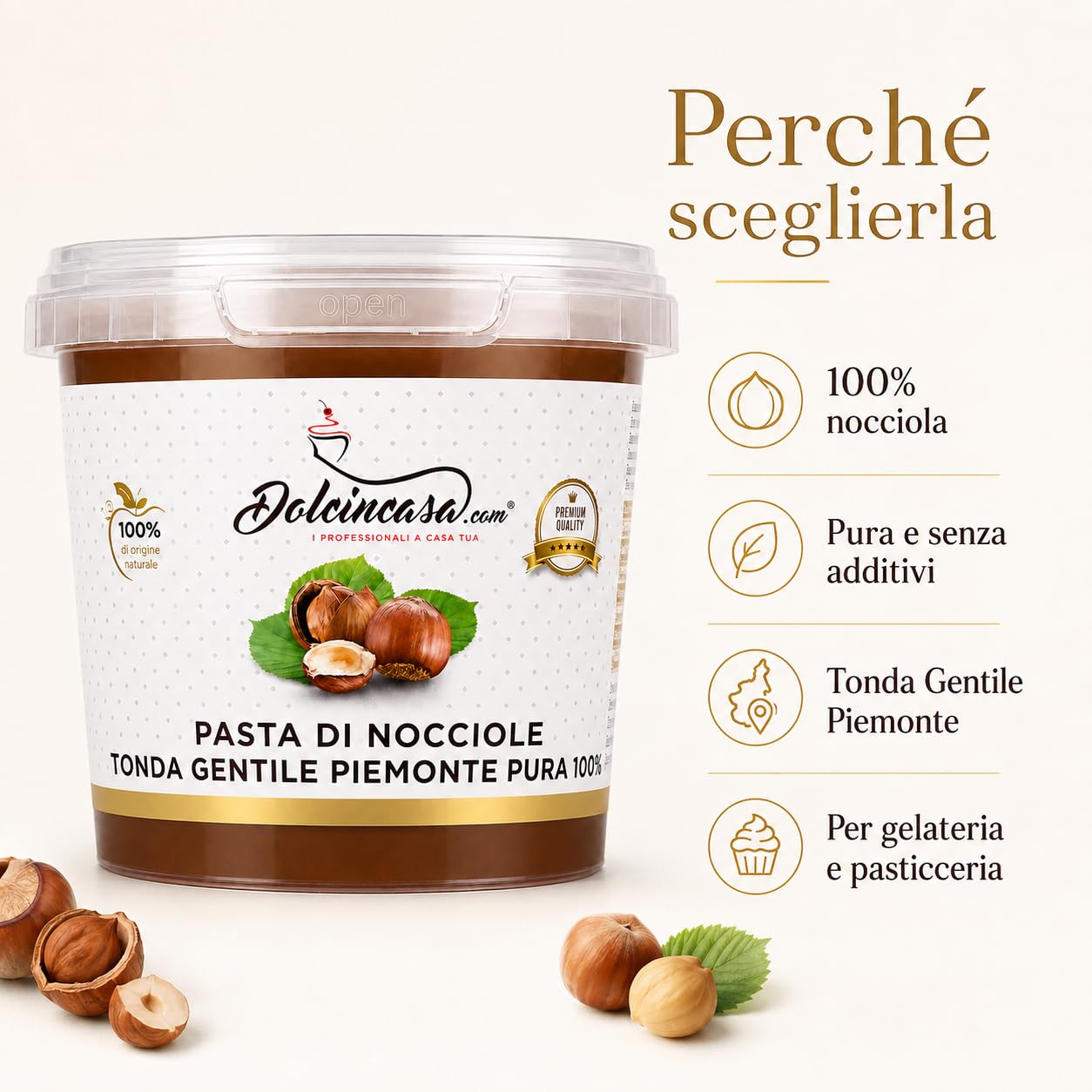 Dolcincasa-Pasta di Nocciole Piemonte IGP Nocciola Tonda Gentile delle Langhe Pura al 100% per Gelati, Creme, Panna e altri usi in Pasticceria 500g