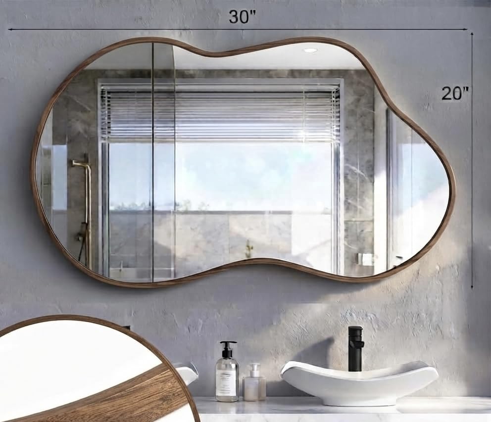 Image of Alfa Design Asymmetrical Mirror with Wood Frame Irregular Bathroom Mirror Decorative Wall Mirror Large 20 inchx30 inch Vintage Mirrors