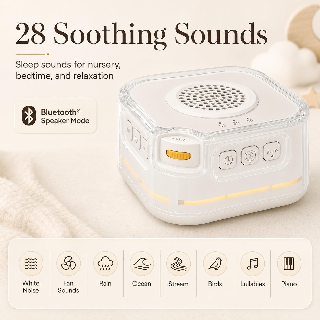 White Noise Sound Machine for Baby Adults, 28 Soothing Sounds Sleep Aid with 3 Level Night Light, Auto Cry Detection,15/30/60 Min Timer, Portable Bluetooth Speaker for Nursery, Stroller, Home & Travel